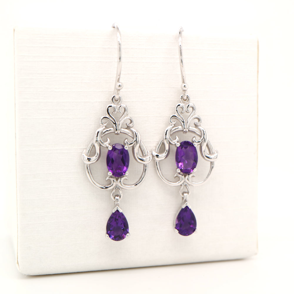 Art nouveau style earrings with amethyst in 9k white gold