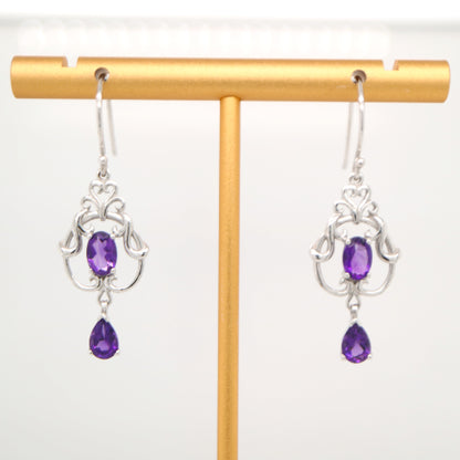 Art nouveau style earrings with amethyst in 9k white gold