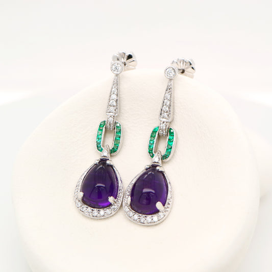 Art deco amethyst drop earrings with natural diamond and emeralds in 9k white gold