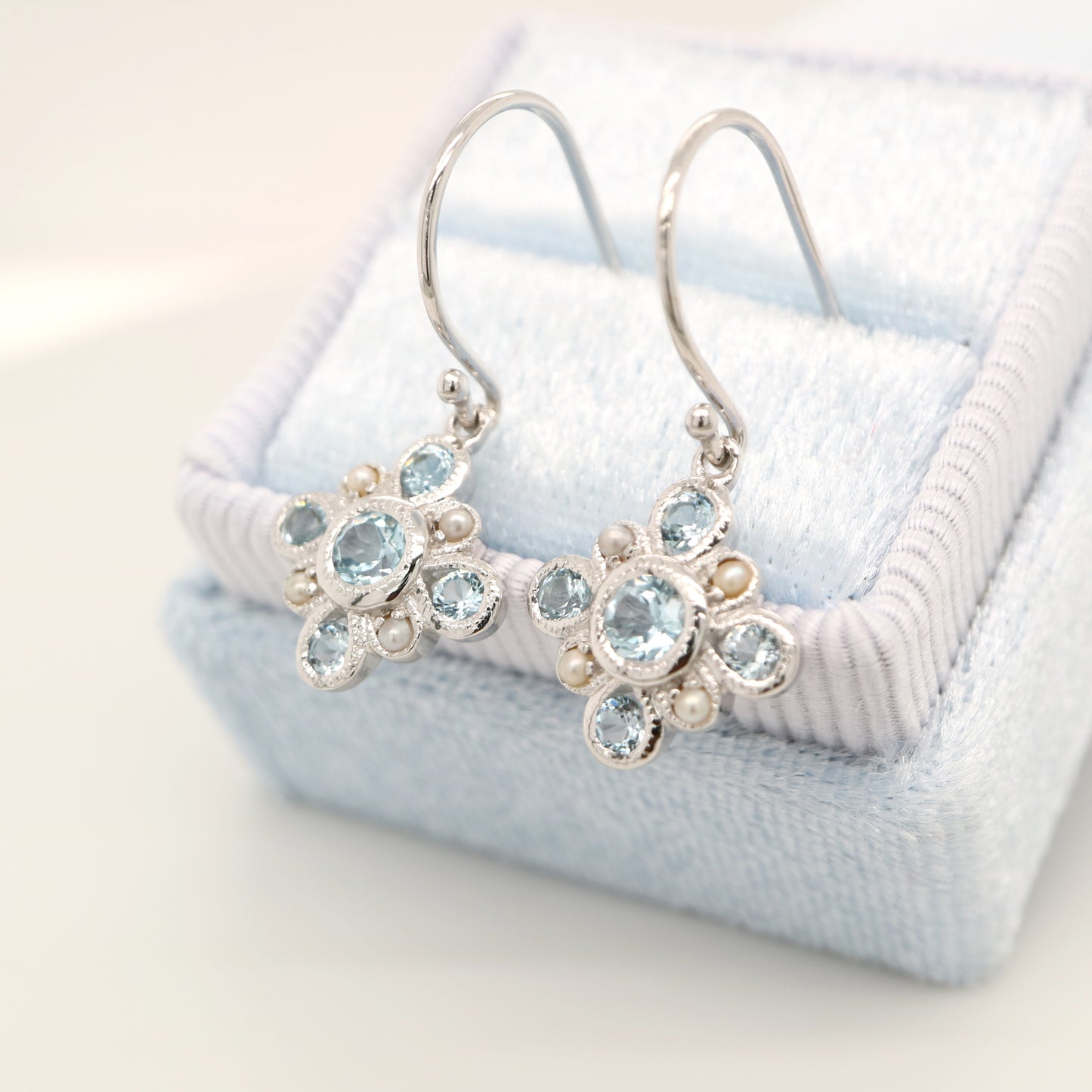 Sky blue topaz drop earrings in 9k white gold