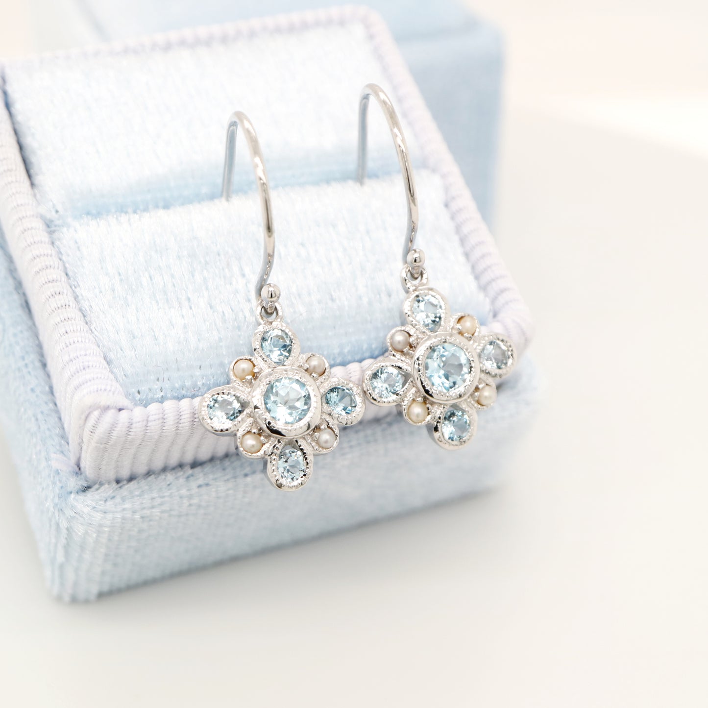 Sky blue topaz drop earrings in 9k white gold