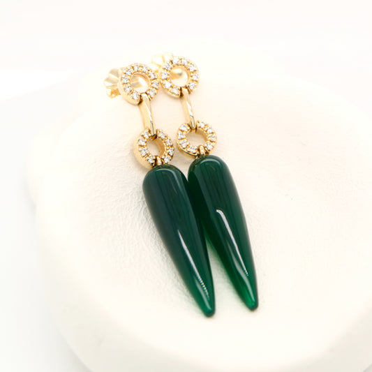 Green agate drop stud earrings with natural diamonds in 9k white gold