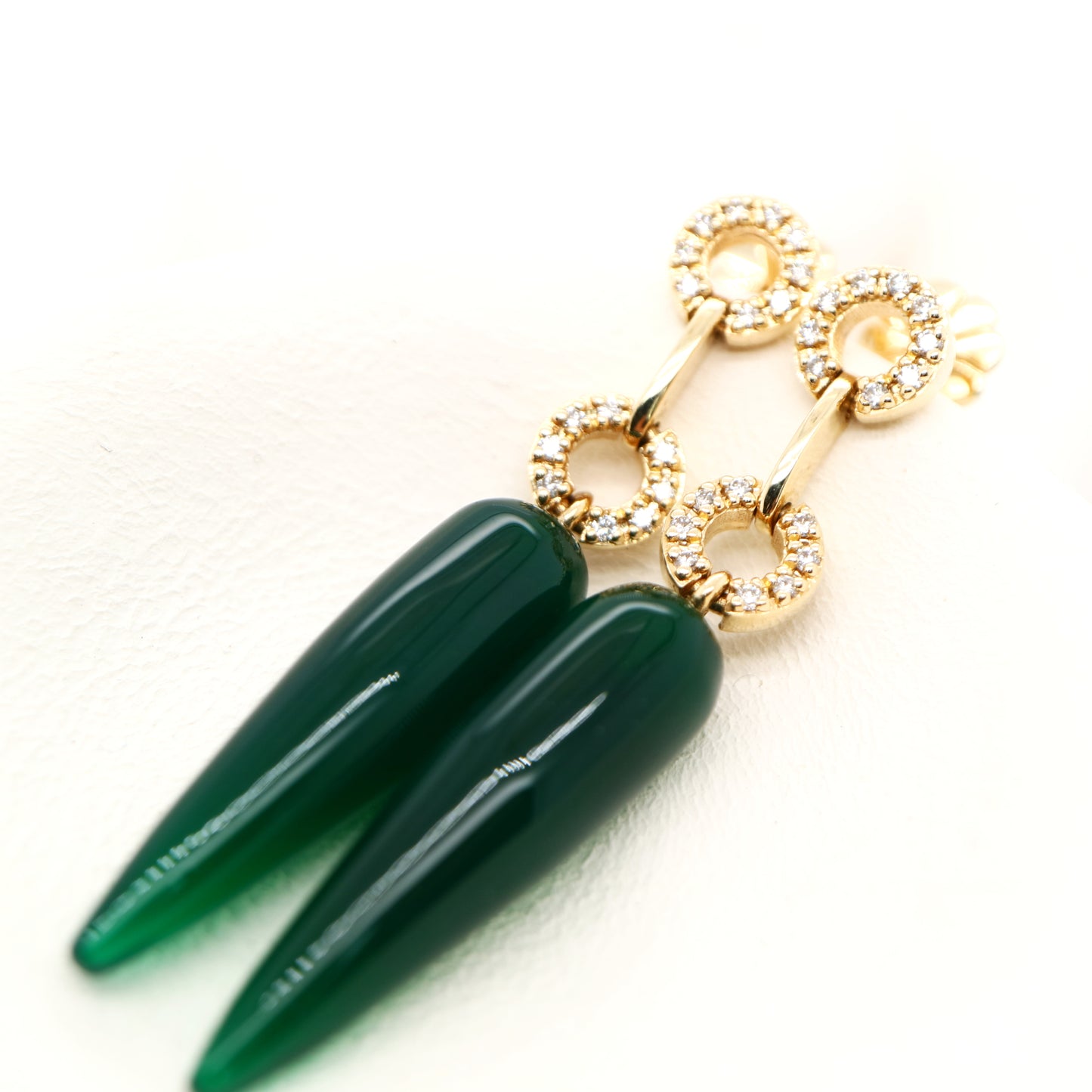 Green agate drop stud earrings with natural diamonds in 9k white gold