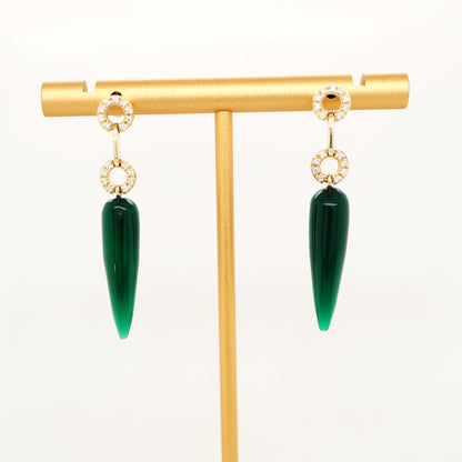 Green agate drop stud earrings with natural diamonds in 9k white gold
