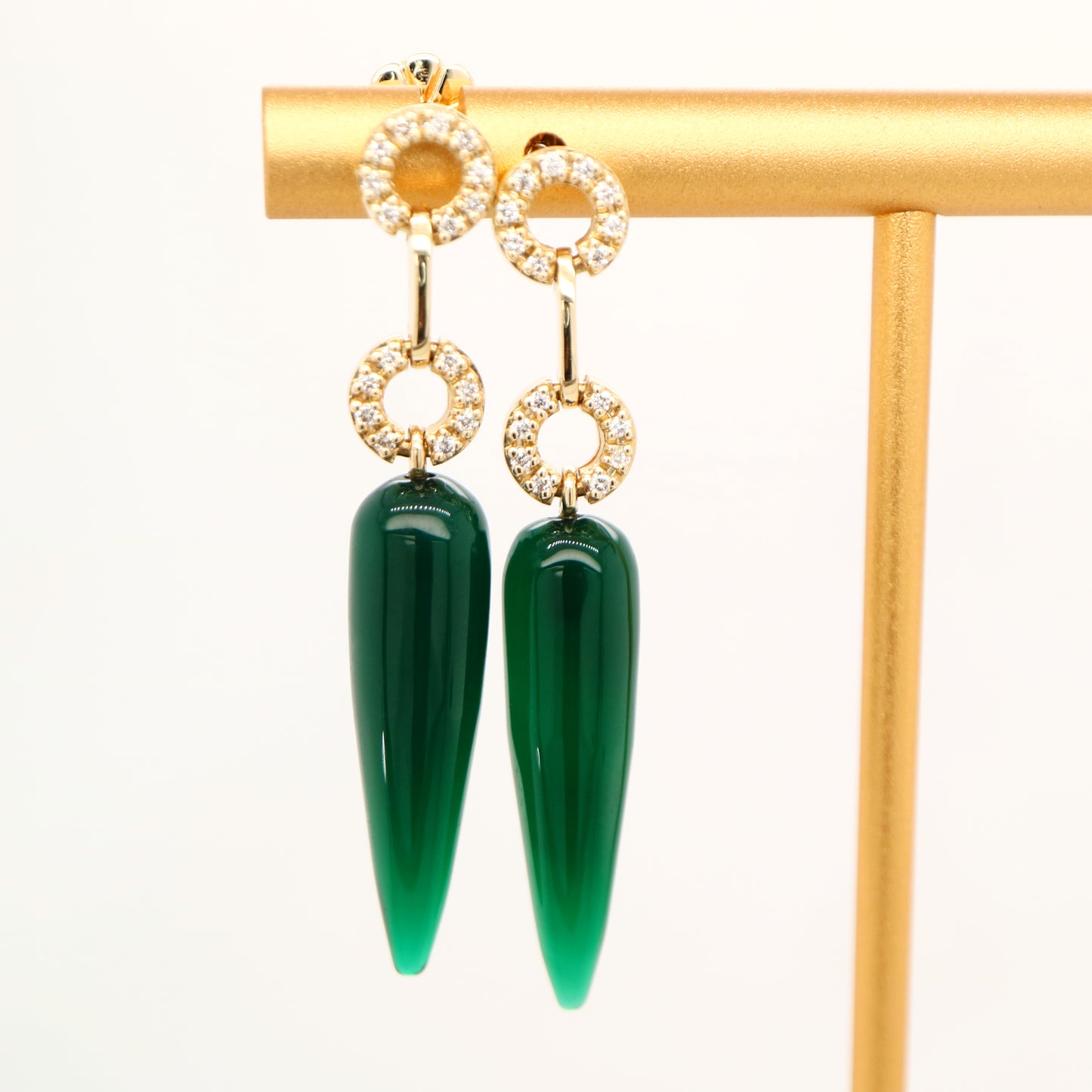 Green agate drop stud earrings with natural diamonds in 9k white gold