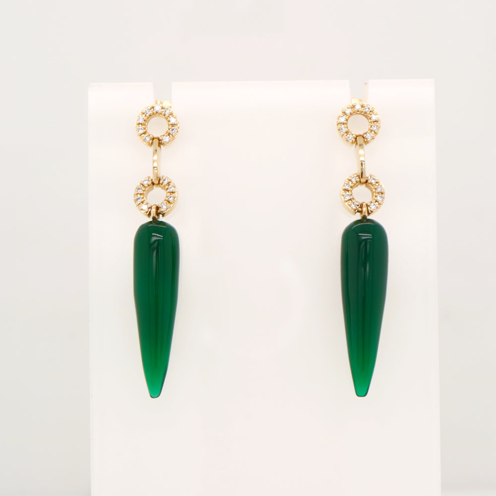 Green agate drop stud earrings with natural diamonds in 9k white gold