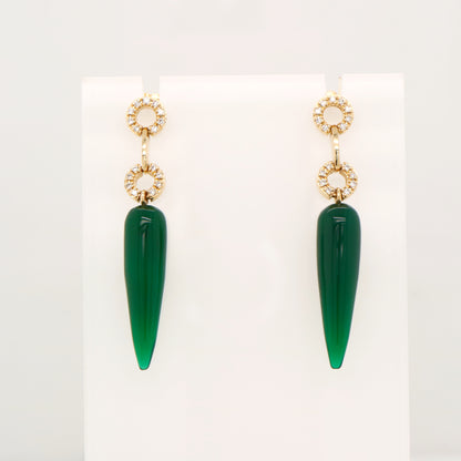 Green agate drop stud earrings with natural diamonds in 9k white gold