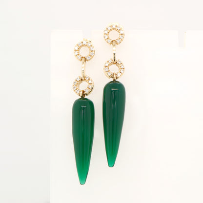 Green agate drop stud earrings with natural diamonds in 9k white gold