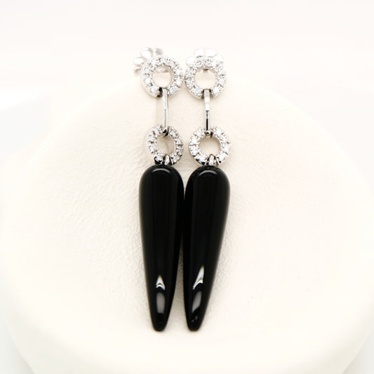 Onyx drop stud earrings with natural diamonds in 9k white gold