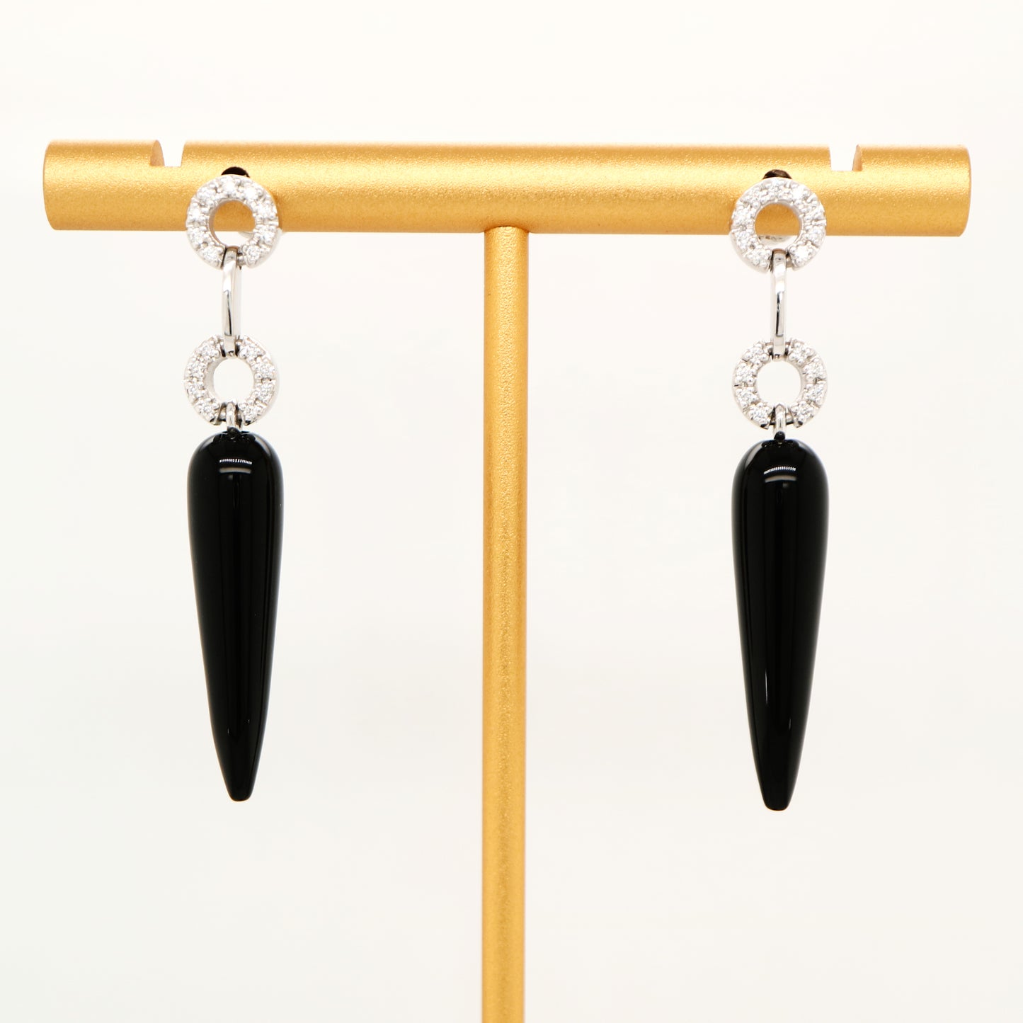 Onyx drop stud earrings with natural diamonds in 9k white gold