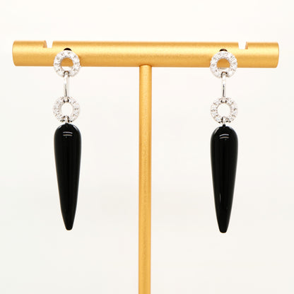 Onyx drop stud earrings with natural diamonds in 9k white gold