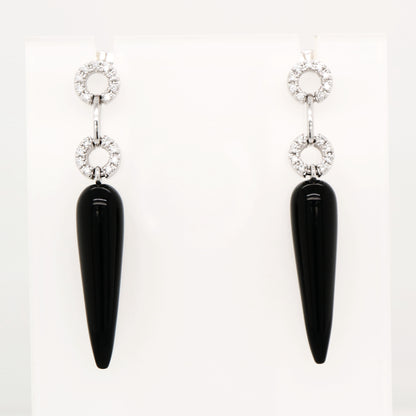 Onyx drop stud earrings with natural diamonds in 9k white gold