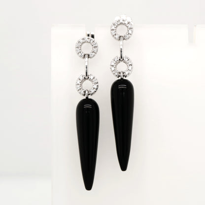 Onyx drop stud earrings with natural diamonds in 9k white gold