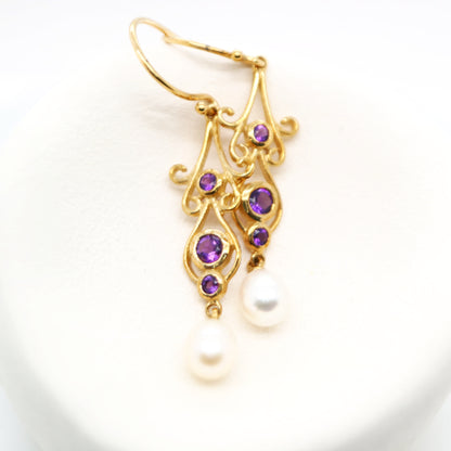 Vintage pearl drop earrings with Amethyst in yellow gold