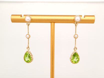 Freshwater pearl with peridot drop earrings in 9k yellow gold