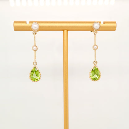 Freshwater pearl with peridot drop earrings in 9k yellow gold