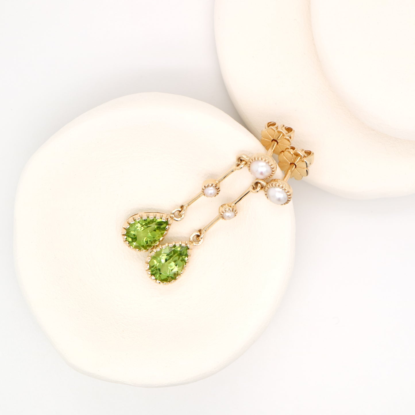 Freshwater pearl with peridot drop earrings in 9k yellow gold