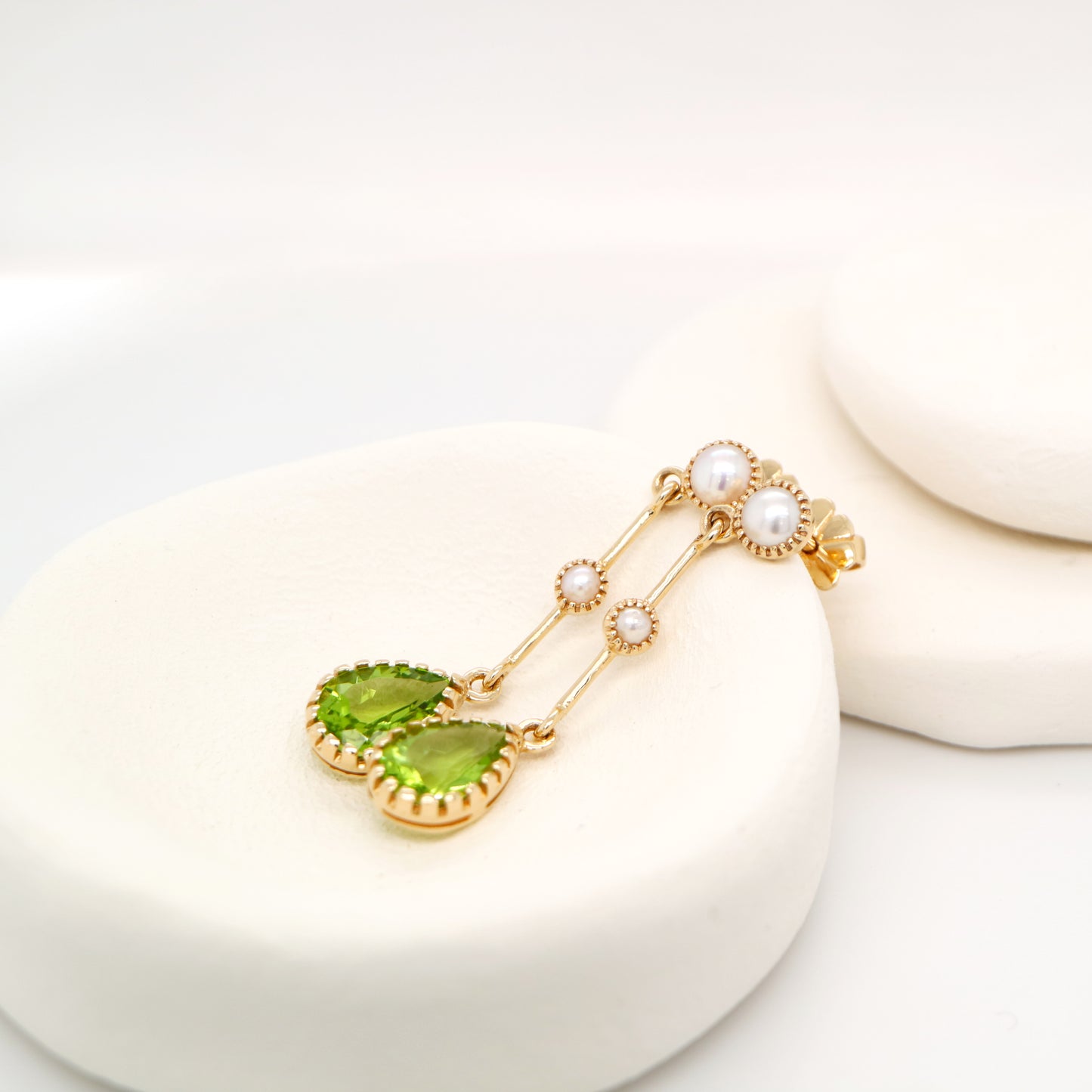 Freshwater pearl with peridot drop earrings in 9k yellow gold