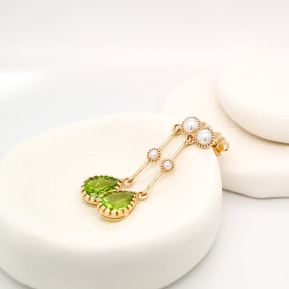 Freshwater pearl with peridot drop earrings in 9k yellow gold