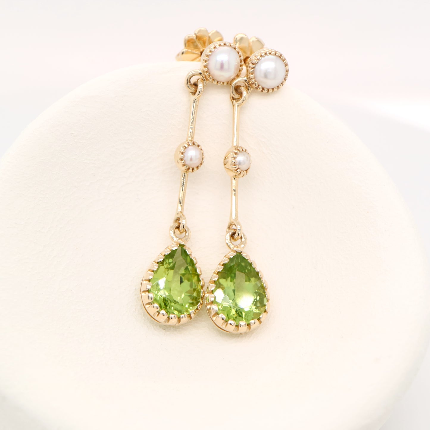 Freshwater pearl with peridot drop earrings in 9k yellow gold