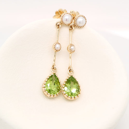 Freshwater pearl with peridot drop earrings in 9k yellow gold
