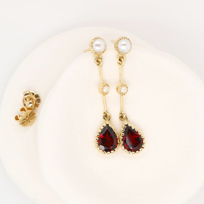 Freshwater pearl with garnet drop earrings in 9k yellow gold