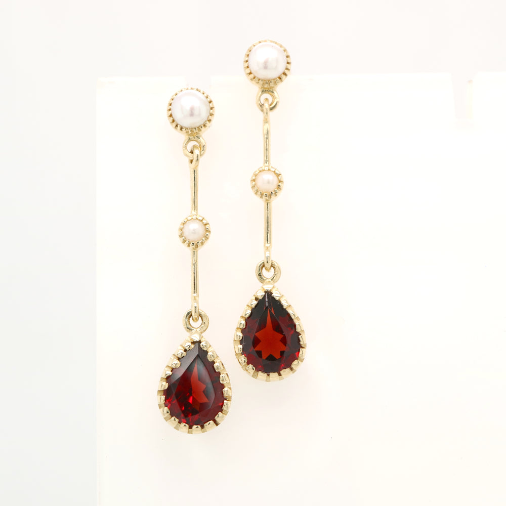 Freshwater pearl with garnet drop earrings in 9k yellow gold