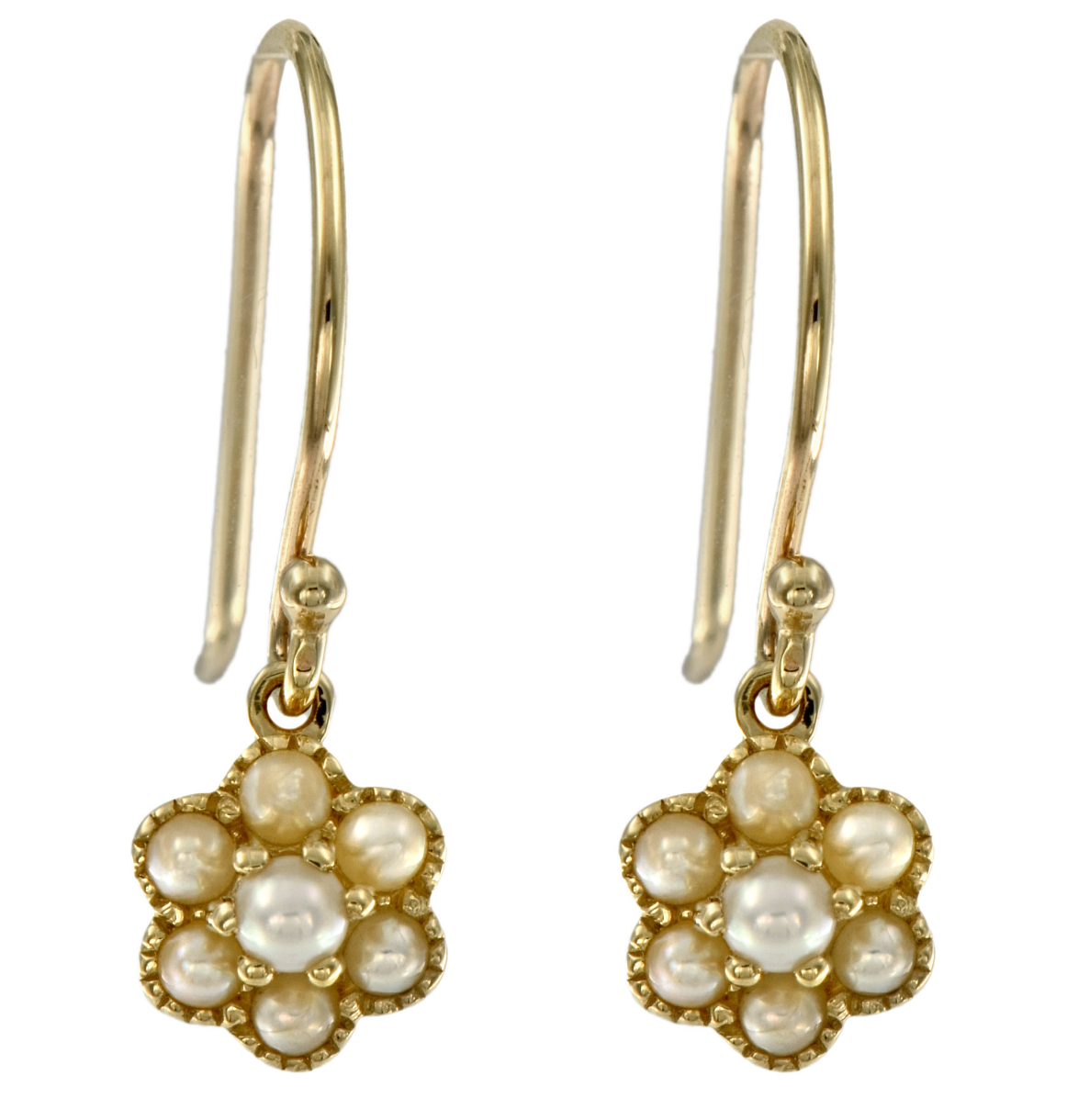 Daisy hook earrings with freshwater pearls in 9k yellow gold