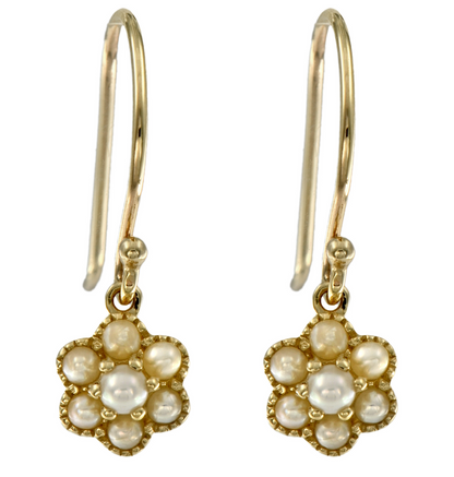 Daisy hook earrings with freshwater pearls in 9k yellow gold