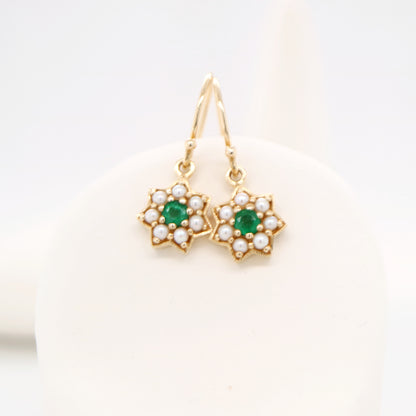 Star earring with Emerald and Pearl in 9k Yellow gold