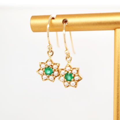 Star earring with Emerald and Pearl in 9k Yellow gold
