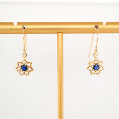 Star earring with Sapphire and Pearl in 9k Yellow gold