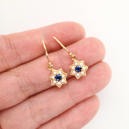 Star earring with Sapphire and Pearl in 9k Yellow gold