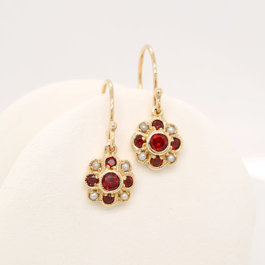 Victorian cluster drop earrings with garnet and pearl in 9k yellow gold