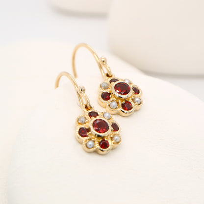 Victorian cluster drop earrings with garnet and pearl in 9k yellow gold