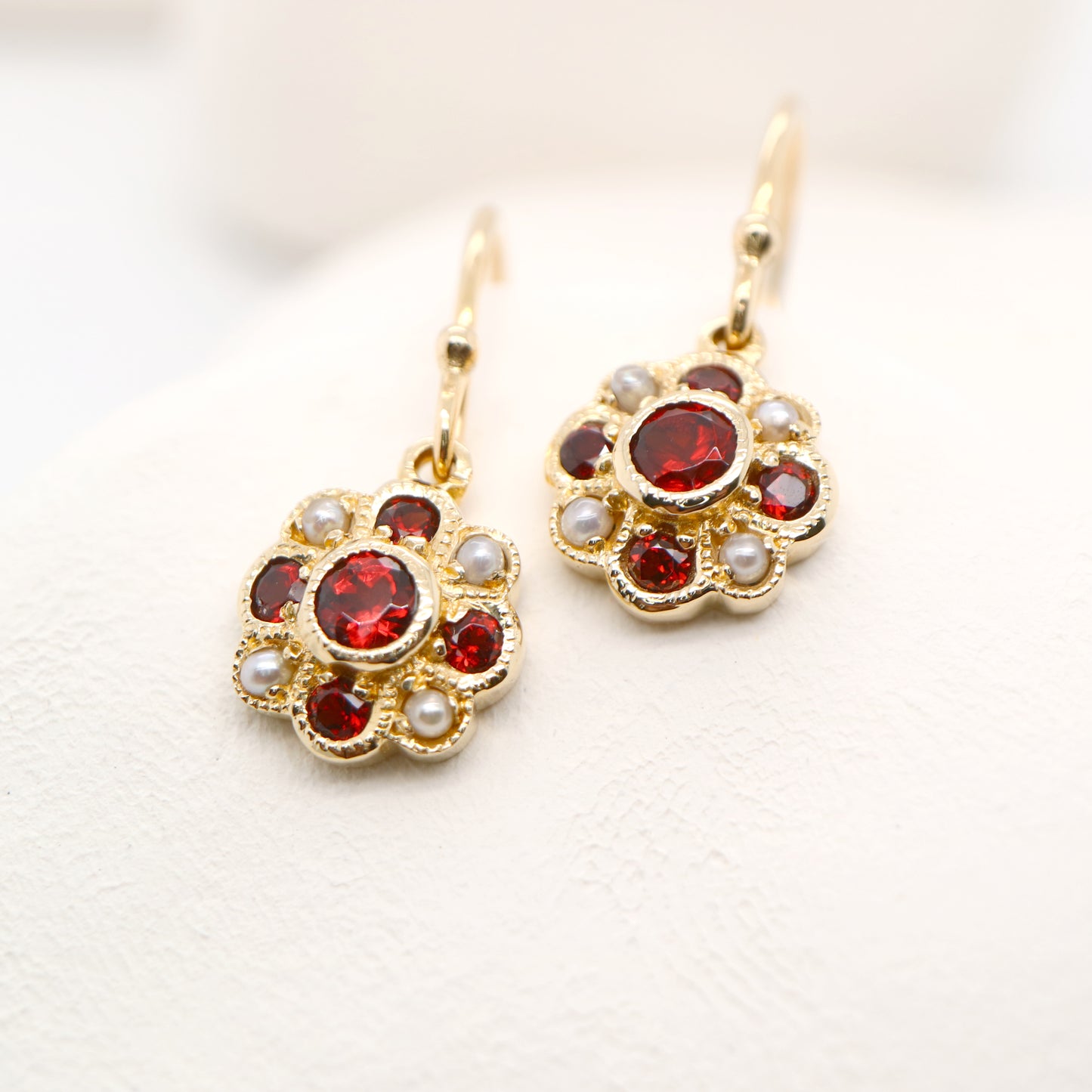 Victorian cluster drop earrings with garnet and pearl in 9k yellow gold