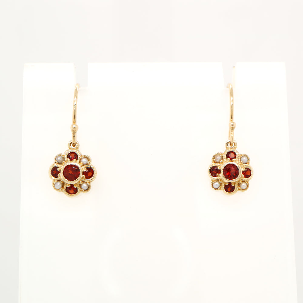 Victorian cluster drop earrings with garnet and pearl in 9k yellow gold