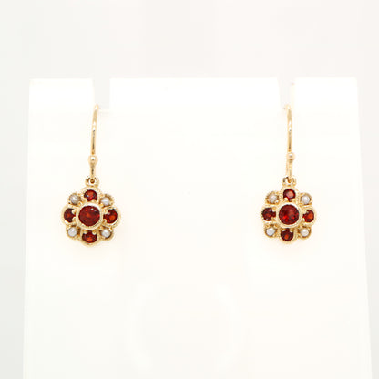Victorian cluster drop earrings with garnet and pearl in 9k yellow gold