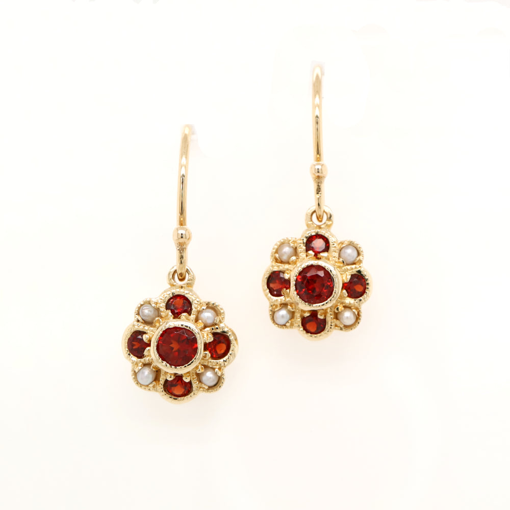 Victorian cluster drop earrings with garnet and pearl in 9k yellow gold