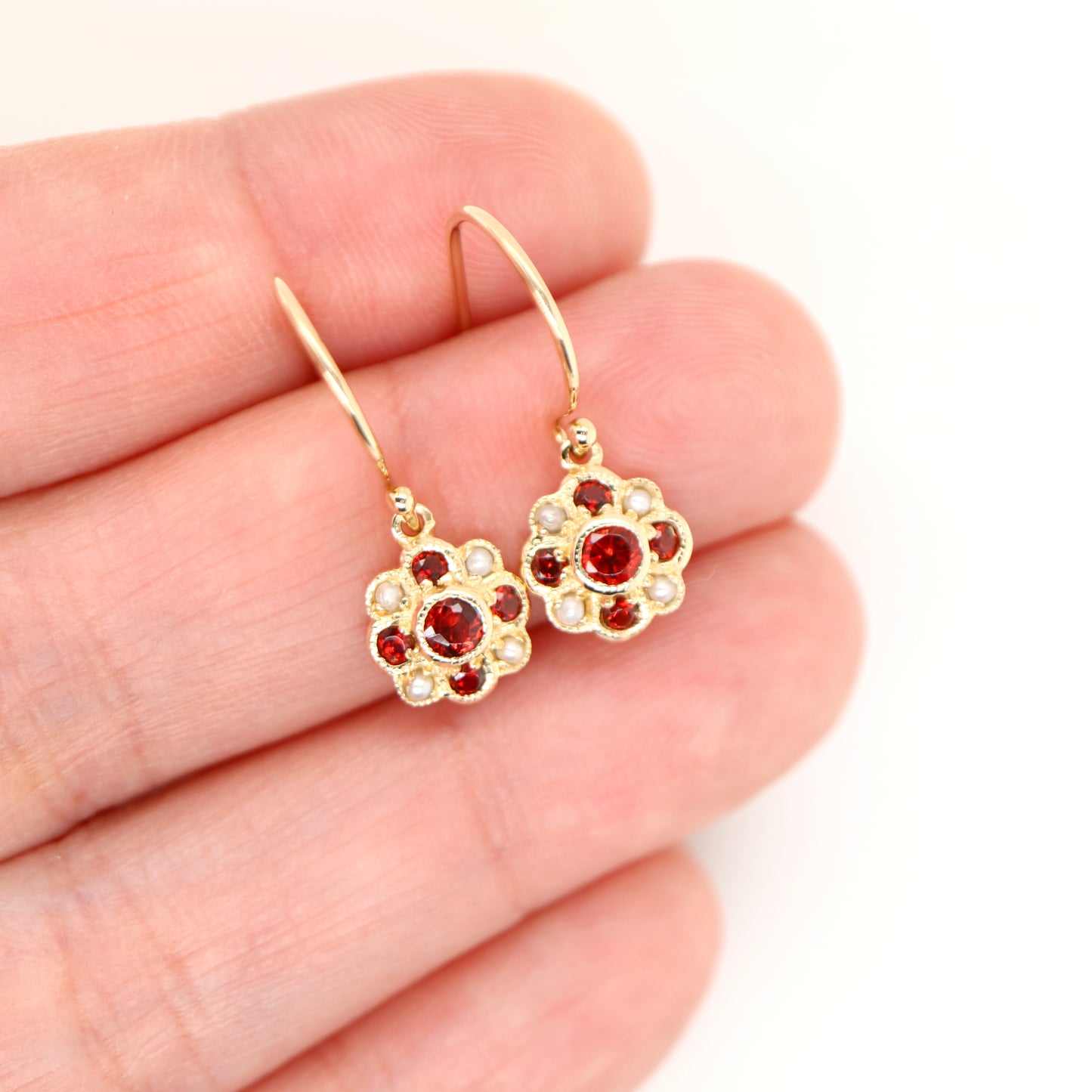 Victorian cluster drop earrings with garnet and pearl in 9k yellow gold