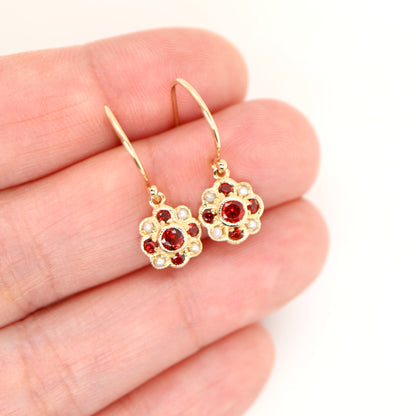 Victorian cluster drop earrings with garnet and pearl in 9k yellow gold