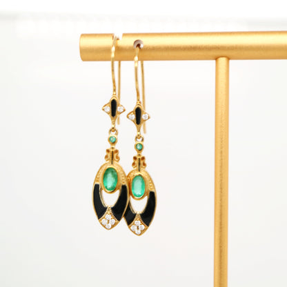 Emerald with diamonds, drop earrings in 9k yellow gold