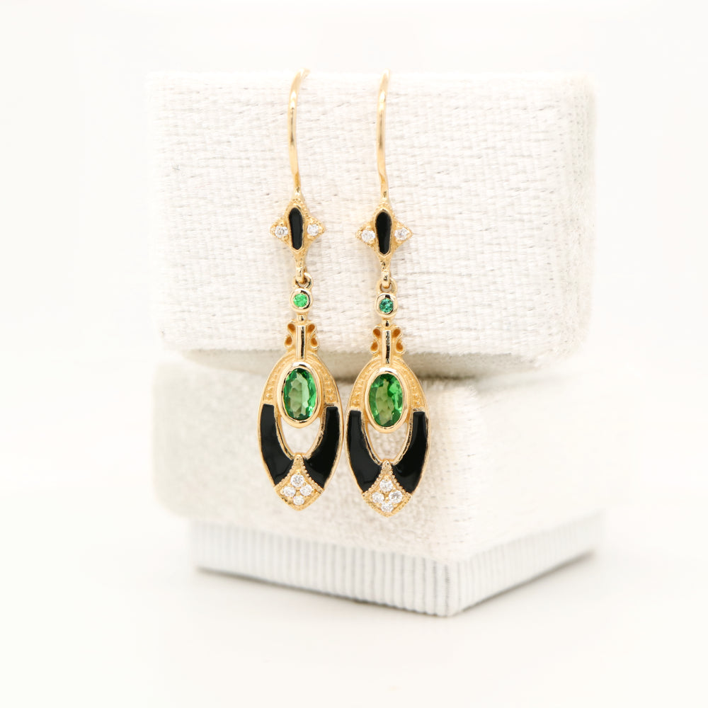 Tsavorite Garnet with diamonds, drop earrings in 9k yellow gold