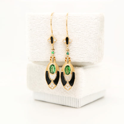 Tsavorite Garnet with diamonds, drop earrings in 9k yellow gold