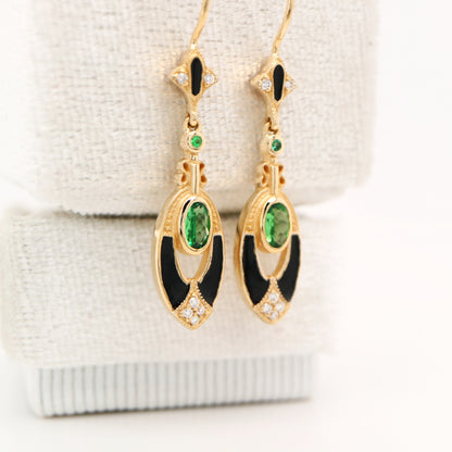 Tsavorite Garnet with diamonds, drop earrings in 9k yellow gold