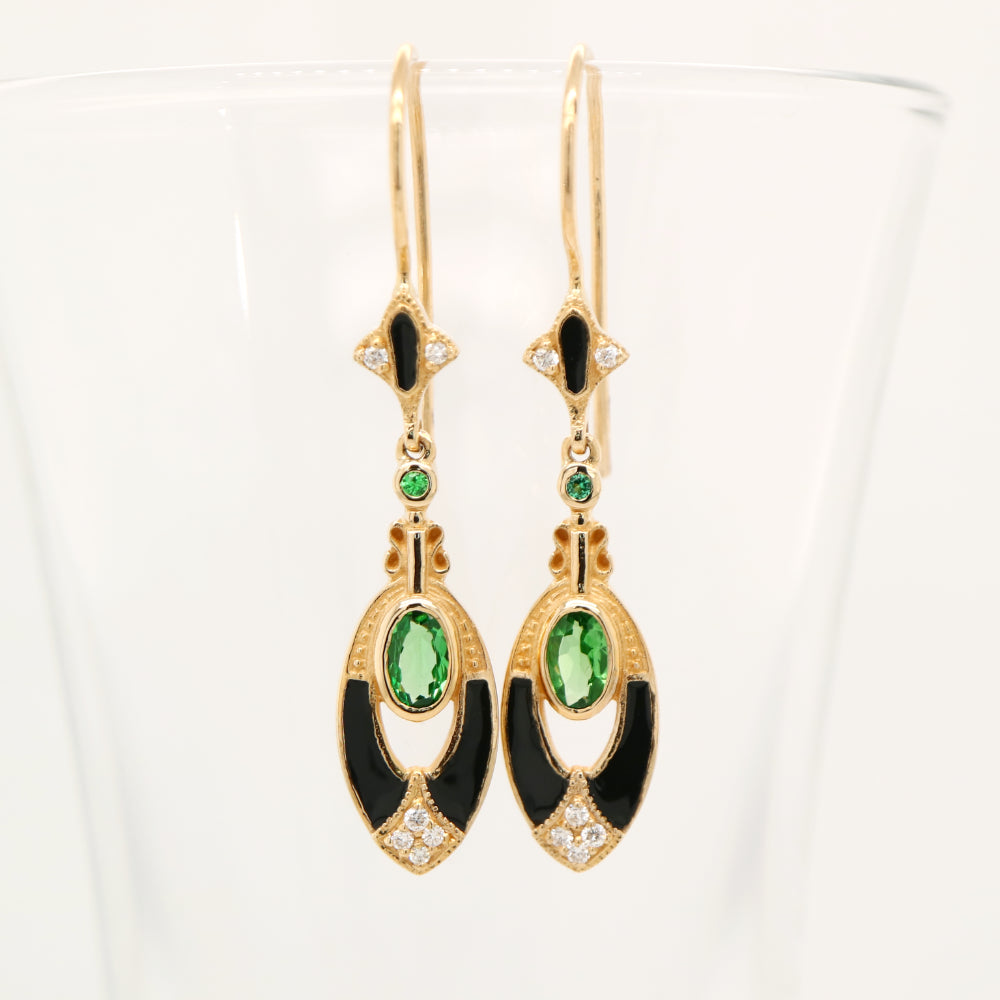 Tsavorite Garnet with diamonds, drop earrings in 9k yellow gold