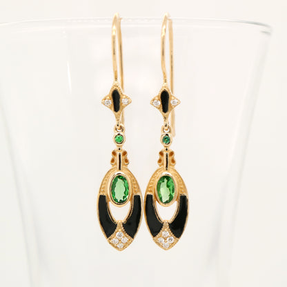 Tsavorite Garnet with diamonds, drop earrings in 9k yellow gold