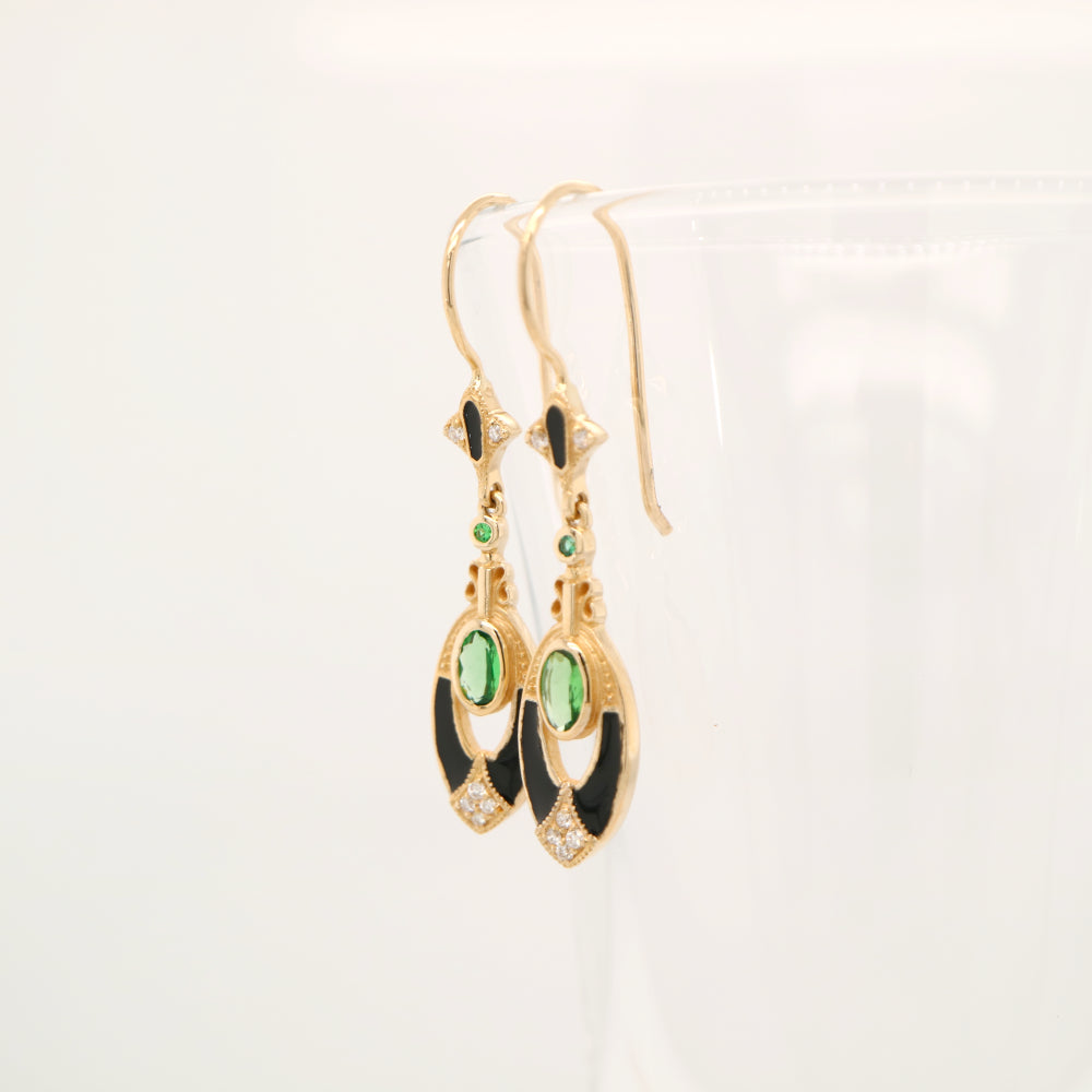 Tsavorite Garnet with diamonds, drop earrings in 9k yellow gold