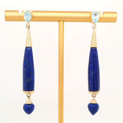 Natural lapis and blue topaz stud earrings in 9k yellow gold