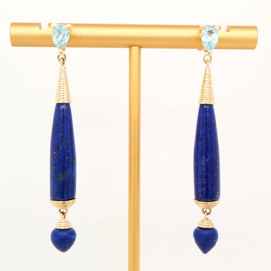 Natural lapis and blue topaz stud earrings in 9k yellow gold